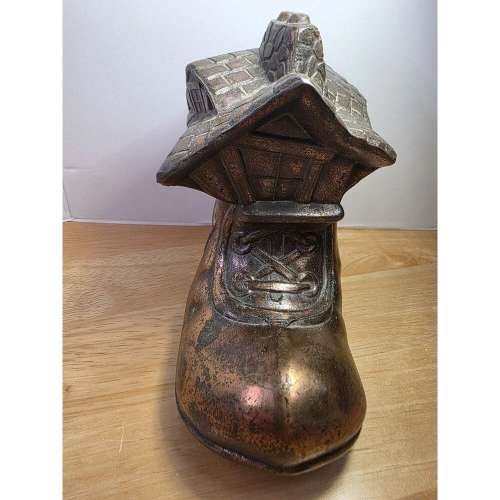 Vintage Figural Metal Bank Copper Painted Little Old Woman Who Lived In A Shoe